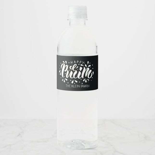 Etiqueta feliz de botella de agua de Purim (Anverso)