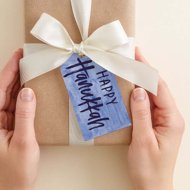 Etiqueta feliz del regalo de Jánuca de las (watercolor and brush style lettering blue happy Hanukkah gift tag)