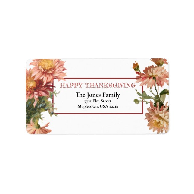 Etiqueta Feliz Día de Acción de Gracias Crisantemo de Otoño (Frente)