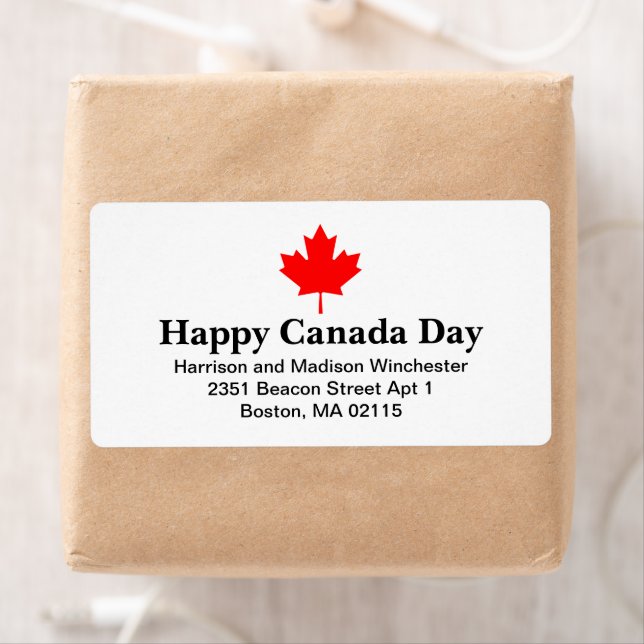 Etiqueta Feliz Día de Canadá personalizado texto con hoja d (In situ)