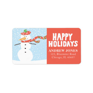 Etiqueta Feliz feriado, Snowman disfruta de la nieve