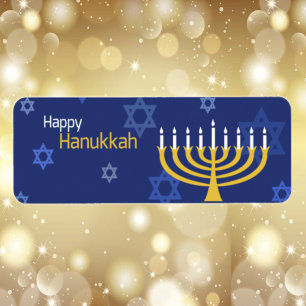 Etiqueta Feliz Hanukkah Menorah y estrellas