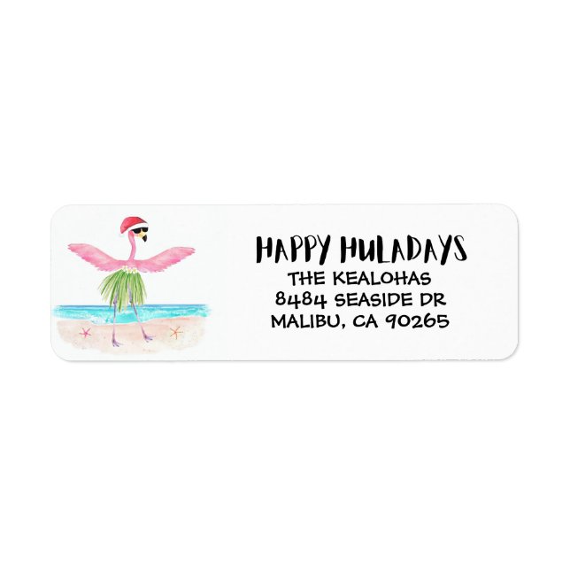 Etiqueta Feliz Huladays Flamingo Santa Tropical Navidades (Frente)