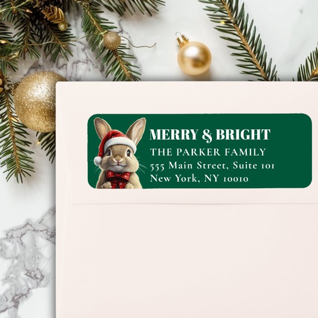 Etiqueta Feliz Navidad! Adorable, Conejo, Santa Hat (MERRY & BRIGHT! Adorable, Rabbit With Red Santa Hat and Ribbon, Green Address Return Labels.)