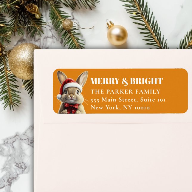 Etiqueta Feliz Navidad! Adorable, Conejo, Santa Hat (MERRY & BRIGHT! Adorable, Rabbit With Red Santa Hat and Ribbon, Orange Address Return Labels. )