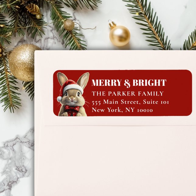 Etiqueta Feliz Navidad! Adorable, Conejo, Santa Hat (MERRY & BRIGHT! Adorable, Rabbit With Red Santa Hat and Ribbon, Red Address Return Labels.)