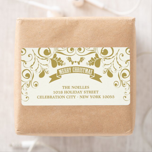 Etiqueta Feliz Navidad Art Nouveau Dirección de feriado flo (In situ)