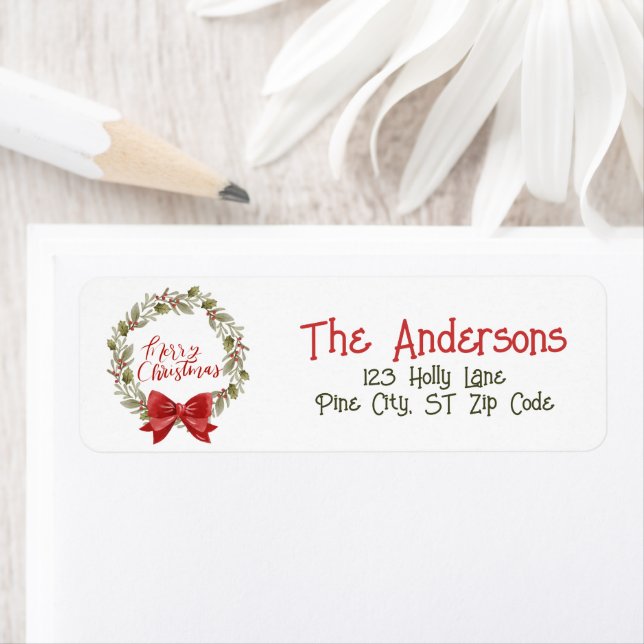 Etiqueta Feliz Navidad Botánicos Verdes Rojo Holly Wreath (In situ)