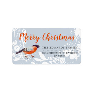 Etiqueta Feliz Navidad Bullfinch Bird Snowy Wreath Winter