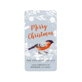 Etiqueta Feliz Navidad Bullfinch Bird Snowy Wreath Winter