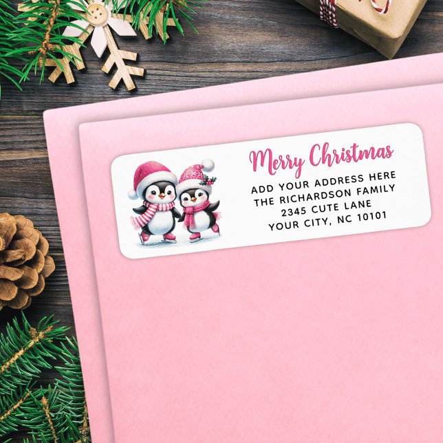 Etiqueta Feliz Navidad Cute Hielo Patinaje Pingüinos Rosa (Subido por el creador)