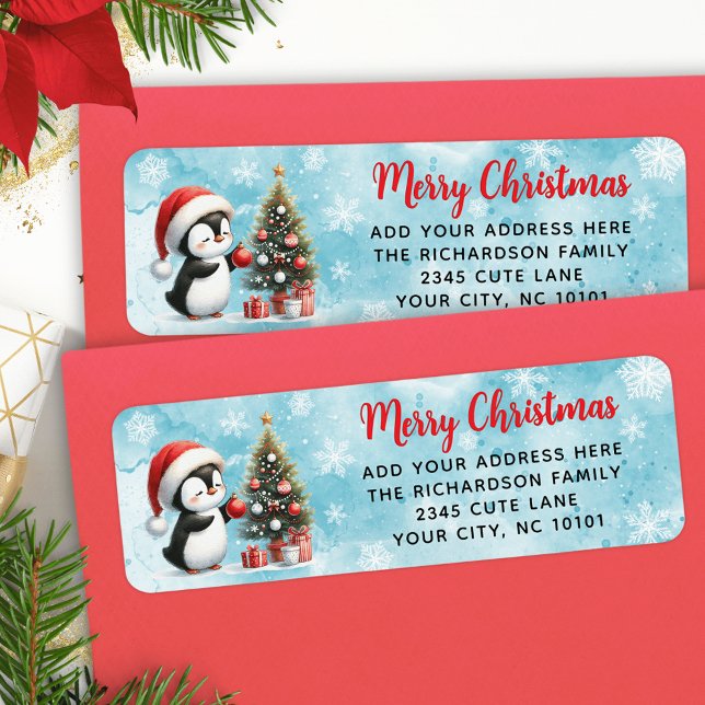 Etiqueta Feliz Navidad Elegante Cute Pingüino Azul Rojo (Subido por el creador)
