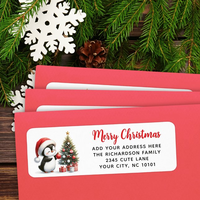 Etiqueta Feliz Navidad Elegante Cute Pingüino Blanco Rojo (Subido por el creador)
