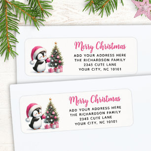 Etiqueta Feliz Navidad elegante lindo pingüino rosa