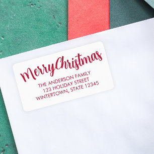 Etiqueta Feliz Navidad Escritura Roja Dirección de Devoluci