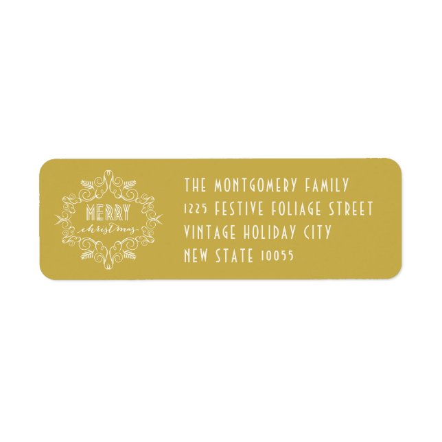 Etiqueta Feliz Navidad Foliage Art Deco Dirección de vacaci (Frente)