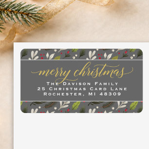 Etiqueta Feliz Navidad Gray Gold Elegant Script Dirección