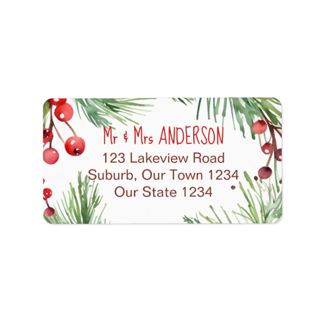 Etiqueta Feliz Navidad invierno berries pinos wreth (Frente)