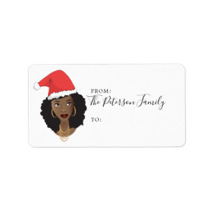 Etiqueta Feliz Navidad, Mujer Negra, Sombrero Red Santa