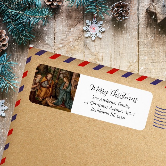 Etiqueta Feliz Navidad Natividad Clásica Fiesta Religiosa (Merry Christmas Nativity Scene Religious Painting Classic Christian Catholic Holiday Return Label)