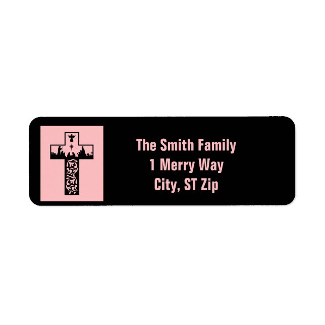 Etiqueta Feliz Navidad Natividad Cross Pink Black (Frente)