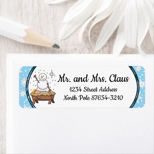 Etiqueta Feliz Navidad Natividad Niño Jesús Snowman (In situ)