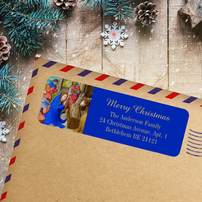 Etiqueta Feliz Navidad Oro Religioso Cristiano Medieval (Merry Christmas Gold Blue Religious Christian Catholic Medieval Holiday Return Address Label)