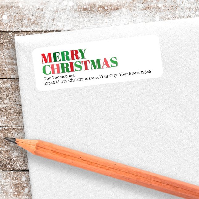 Etiqueta Feliz Navidad, Personalizado rojo y verde (Merry Christmas Custom Return Address Label.)