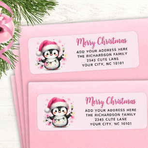 Etiqueta Feliz Navidad Pingüino con luces rosadas