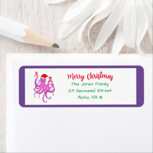 Etiqueta Feliz Navidad Purple Santa Octopus