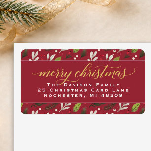 Etiqueta Feliz Navidad Red Gold Elegant Script Dirección