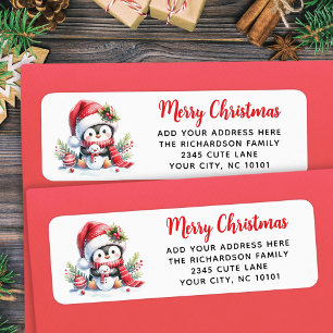Etiqueta Feliz Navidad Red White Cute Pingüino Personalizad