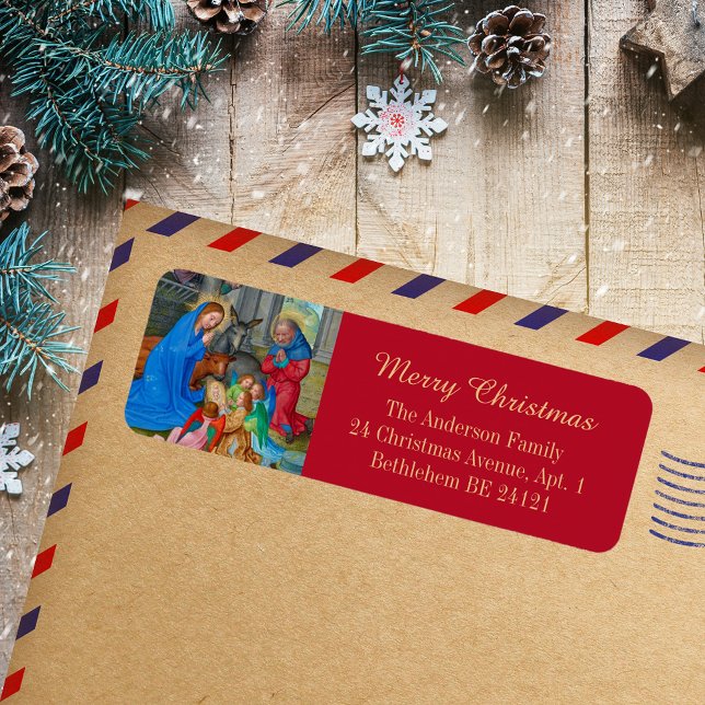 Etiqueta Feliz Navidad Religiosa Cristiana Rojo Medieval (Merry Christmas Nativity Religious Christian Catholic Medieval Red Holiday Return Address Label)