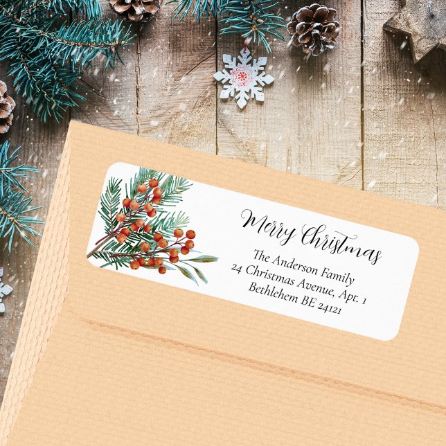 Etiqueta Feliz Navidad Simple acuarela Sagrada Berries Roja (Merry Christmas Simple Rustic Watercolor Green Holly Red Berries Holiday Return Address Label)
