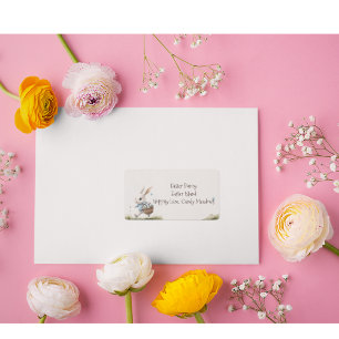 Etiqueta Feliz Pascua, conejo de Pascua caminando con huevo