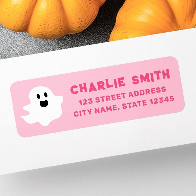 Etiqueta Feliz regreso de Halloween rosa fantasma (Happy ghost pink Halloween return address Label)