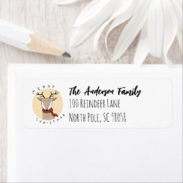 Etiqueta Feliz reno navideño con bufanda