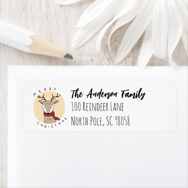 Etiqueta Feliz reno navideño con bufanda (In situ)