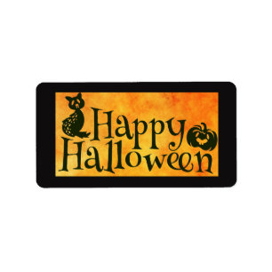 Etiqueta Feliz saludo de Halloween naranja y negro