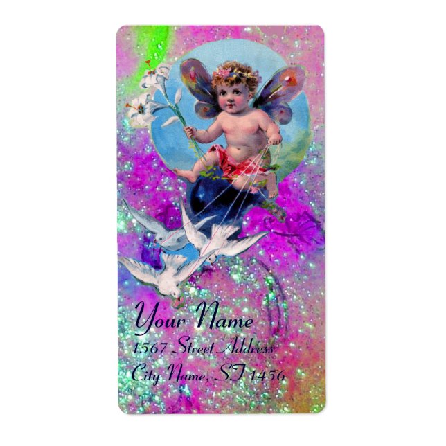 Etiqueta FERIA DE BEBÉS CON DOVAS EN Oro violeta rosa SPARK (Frente)