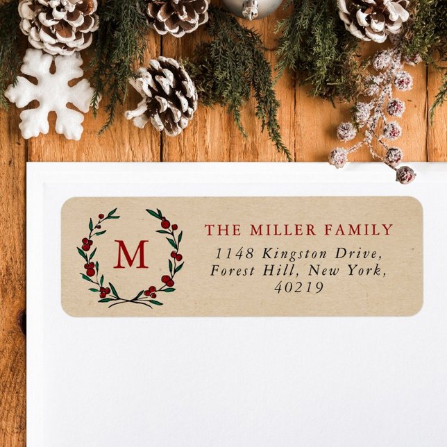 Etiqueta Festive Christmas Monogram Wreath Holiday (Subido por el creador)