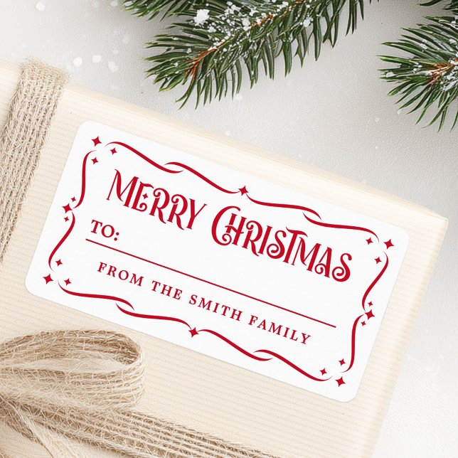 Etiqueta Festividad Feliz Navidad blanca roja a regalo (Festive Merry Christmas red white to from gift Label)