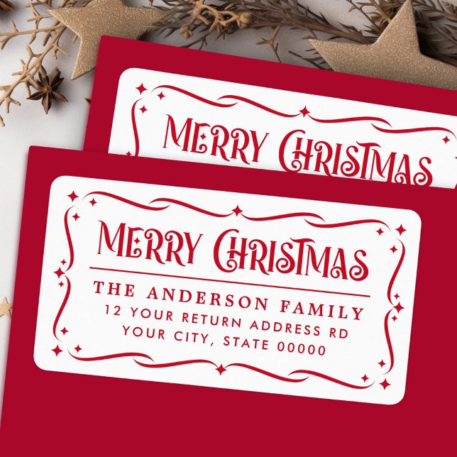 Etiqueta Festividad Feliz Navidad blanco rojo dirección de  (Festive Merry Christmas red white return address Label)