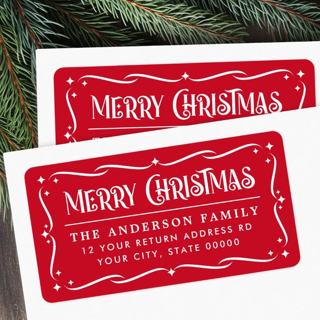 Etiqueta Festividad Feliz Navidad blanco rojo dirección de  (Festive Merry Christmas red white return address Label)