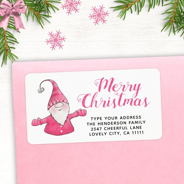 Etiqueta Festividad Gnome rosa y blanco lindo Feliz Navidad (Subido por el creador)