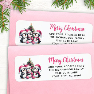 Etiqueta Festividad Rosa Feliz Navidad Tres Pingüinos Cuest