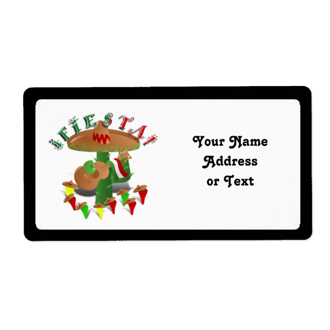 Etiqueta Fiesta Cactus con Sombrero y Guitarra (Frente)