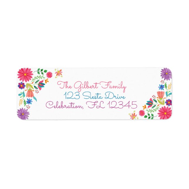 Etiqueta Fiesta Cumpleaños Floral Folk Mexicano (Frente)