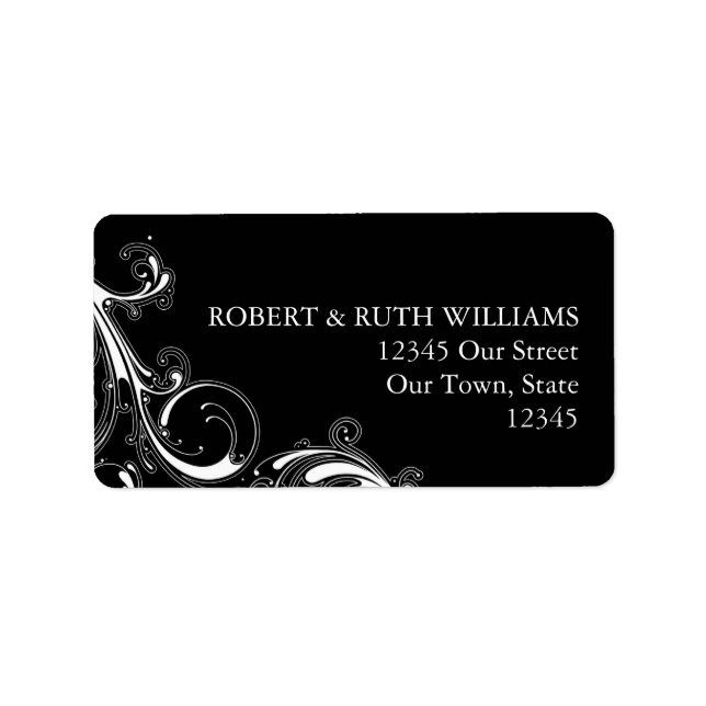Etiqueta Filigree Swirl Negro con blanco (Frente)