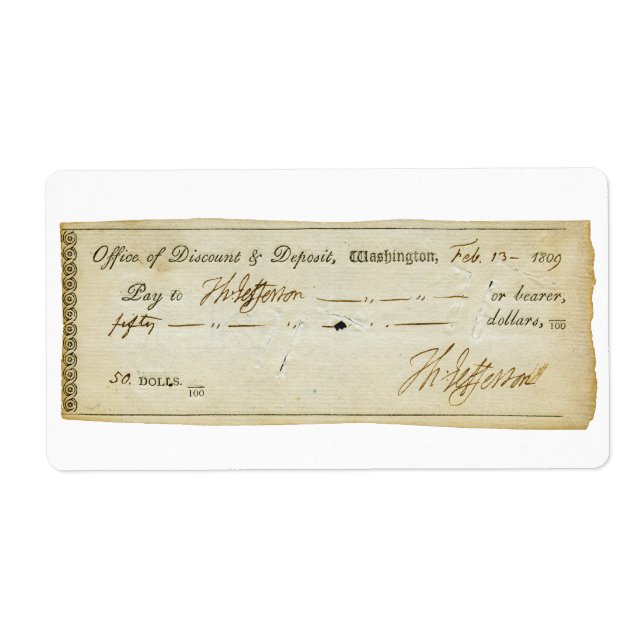 Etiqueta Firma de Thomas Jefferson en cheque bancario 1809 (Frente)